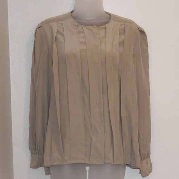Vintage The Silk Farm Tan Blouse 100% Silk Women Size 10 - Picture 1 of 10